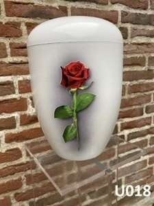 Hvid urne med motiv af rød rose